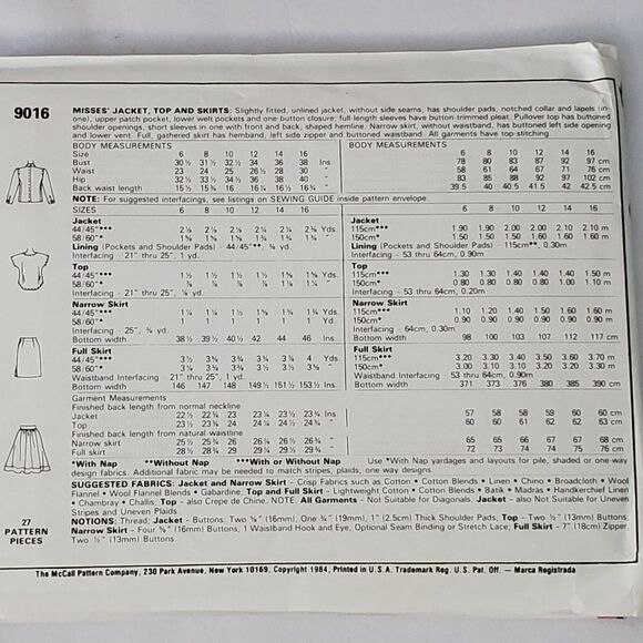 Vintage 80s McCalls Pattern 9016 Pencil Flair Skirt Top Jacket Sz 8 Uncut - Picture 2 of 2